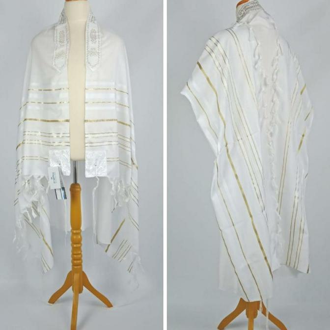 JUAL Selendang Doa WHITE-GOLD ACRYLIC Tallit Gadol Kosher by Israel