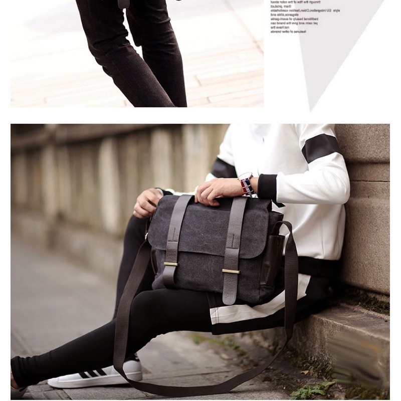 Tas Selempang Pria Korean Canvas Messenger Bag - L2642 - Black/Gray