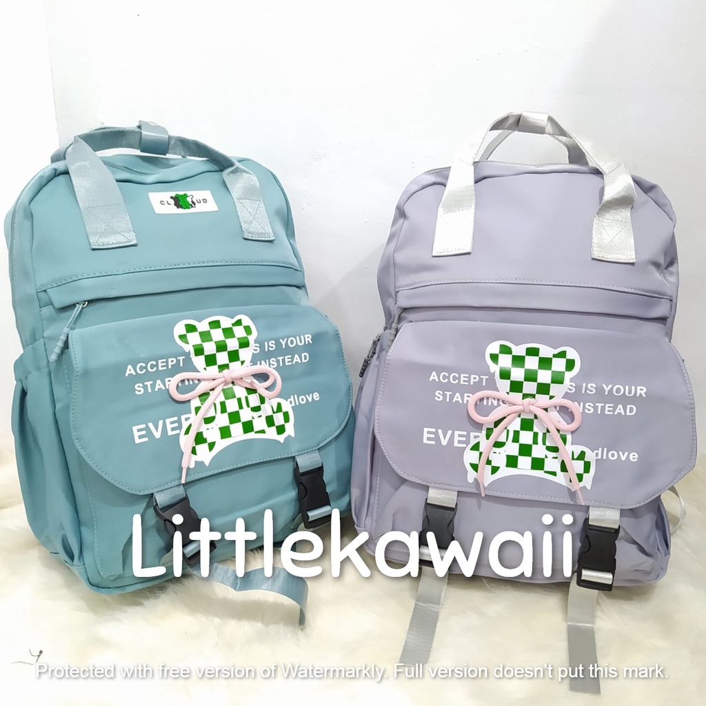 LK/Tas Ransel Laptop Backpack Parasut Tenteng Sekolah Fashion Korean Style Anak Remaja Dewasa Jaring Transparan Pin Tali Gesper Bear Cloud Import