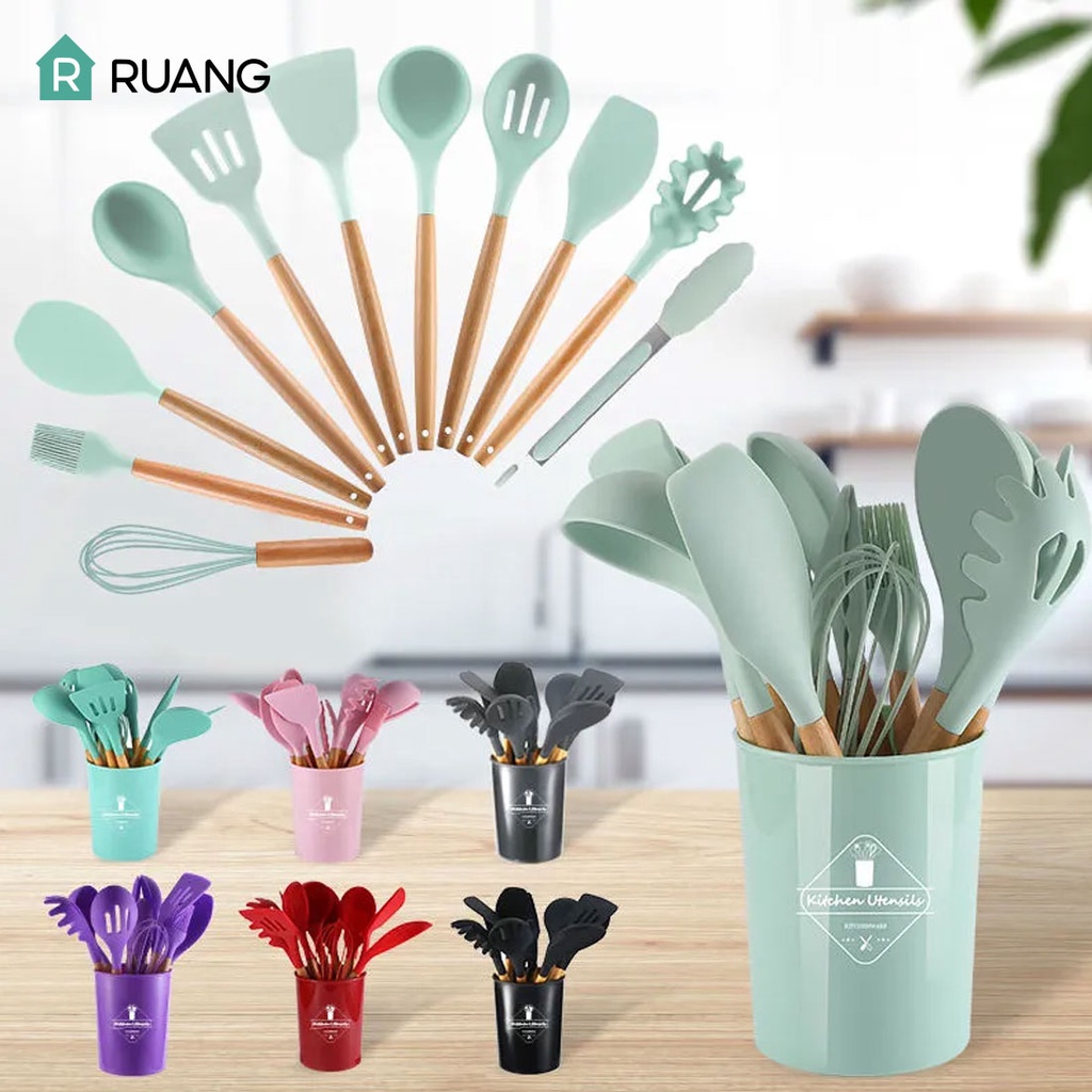 12PCS/Set sendok spatula silikon | spatula silikon tahan pan | spatula silicone set | Silikon Alat Masak Spatula Sendok Silicone Utensil Set Tahan Panas Set Green/Grey/Pink/Black