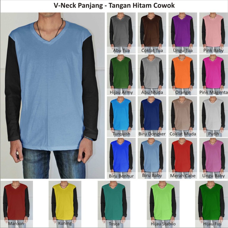 Tshirt / Kaos Polos Vneck Pria / Cowok Lengan Panjang Tangan Hitam