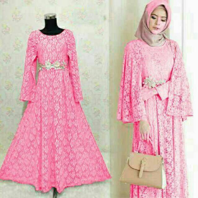 Ayudya pink GM maxi bahan brukat+furing aplikasi bunga dipinggang NO PASMINA fit to xl