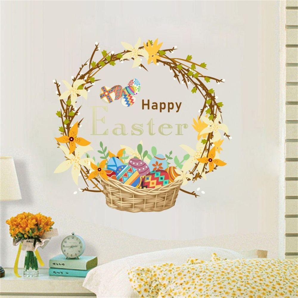 R-bunga Paskah Stiker Dinding Pesta Dekorasi Rumah Telur Kelinci Happy Easter Self Adhesive Door Sticker