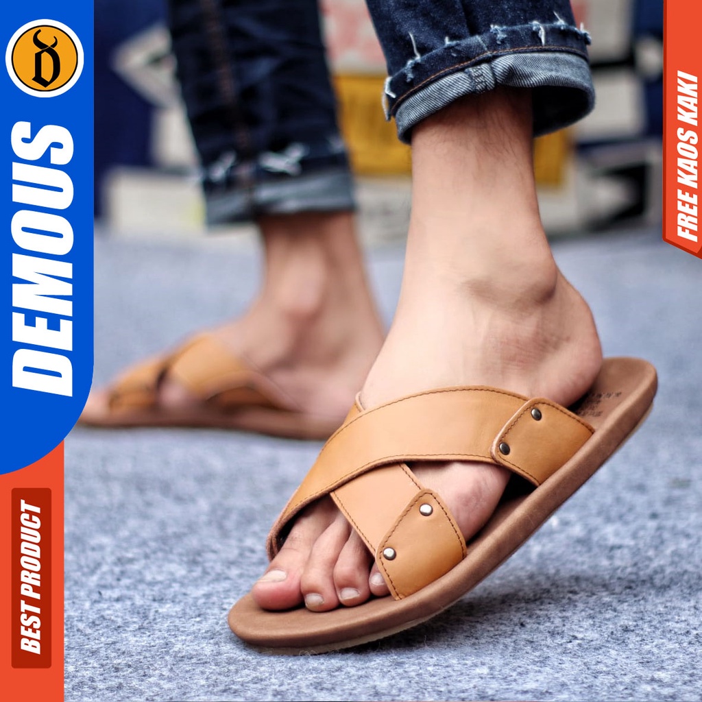 DEMOUS XMIN Sandal Slop Kulit Asli Terbaru Sendal Casual Selop