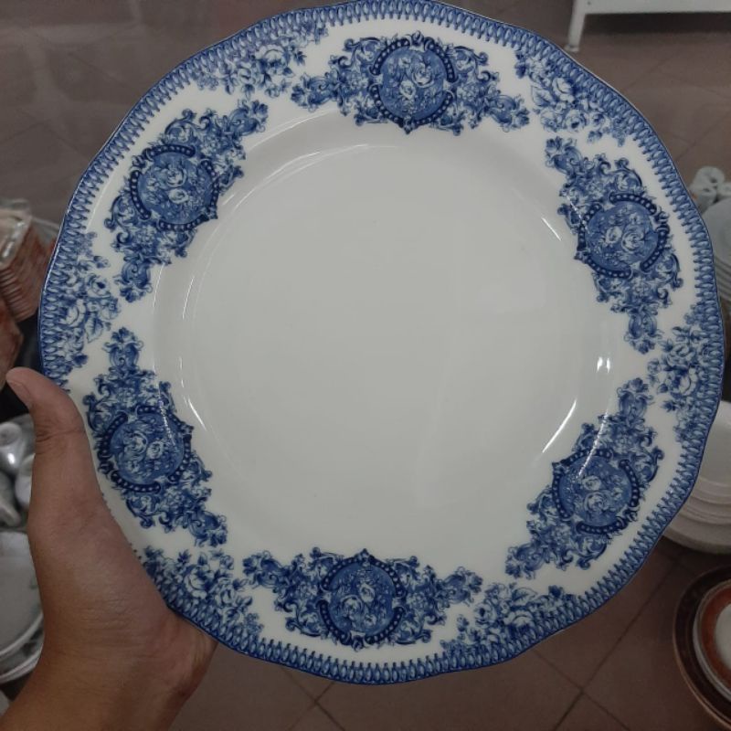 BIRU PUTIH DINNER PLATE PIRING KERAMIK SANGO MOTIF JADUL VINTAGE ANTIK KLASIK KOLEKSI HIAS PAJANGAN