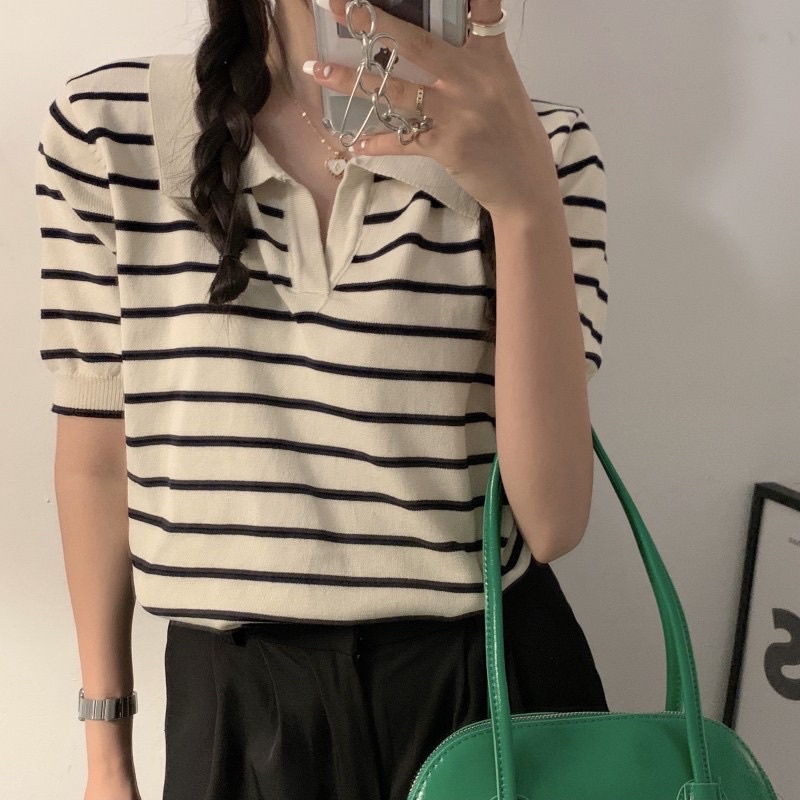 CLOTHIER - Soya Striped Tee | Knit Collar Long Sleeves Top