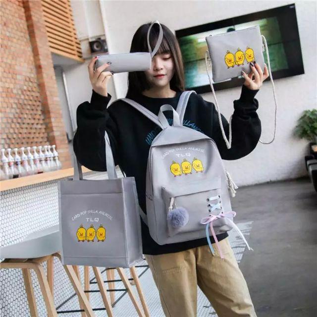 Tas Ransel Anak Sekolah Karakter Bag Backpack Lucu Motif Cartoon Bebek Cute 4in1 Set-Abu