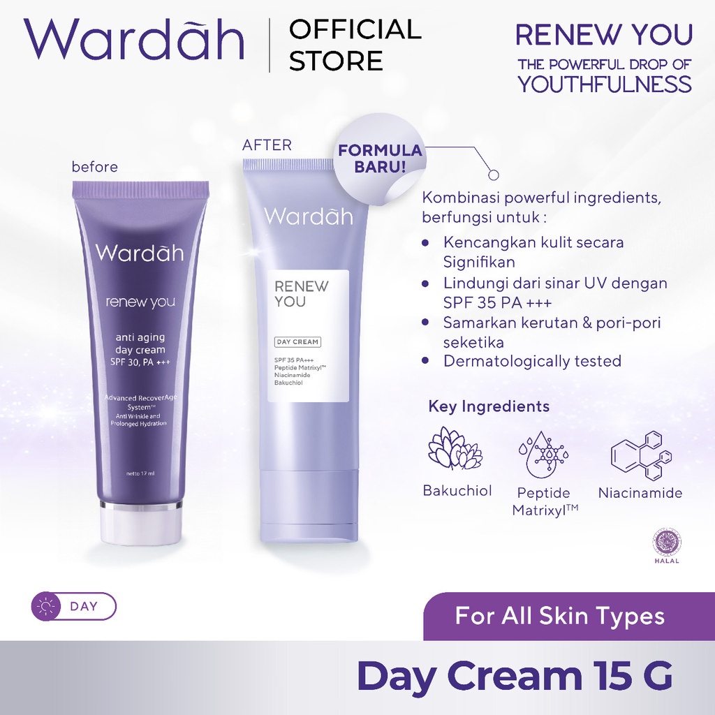 Wardah Renew You Anti Aging Day Cream spf 35 PA+++ 9ml 15ml 30ml| Wardah Krim Siang Anti Penuaan