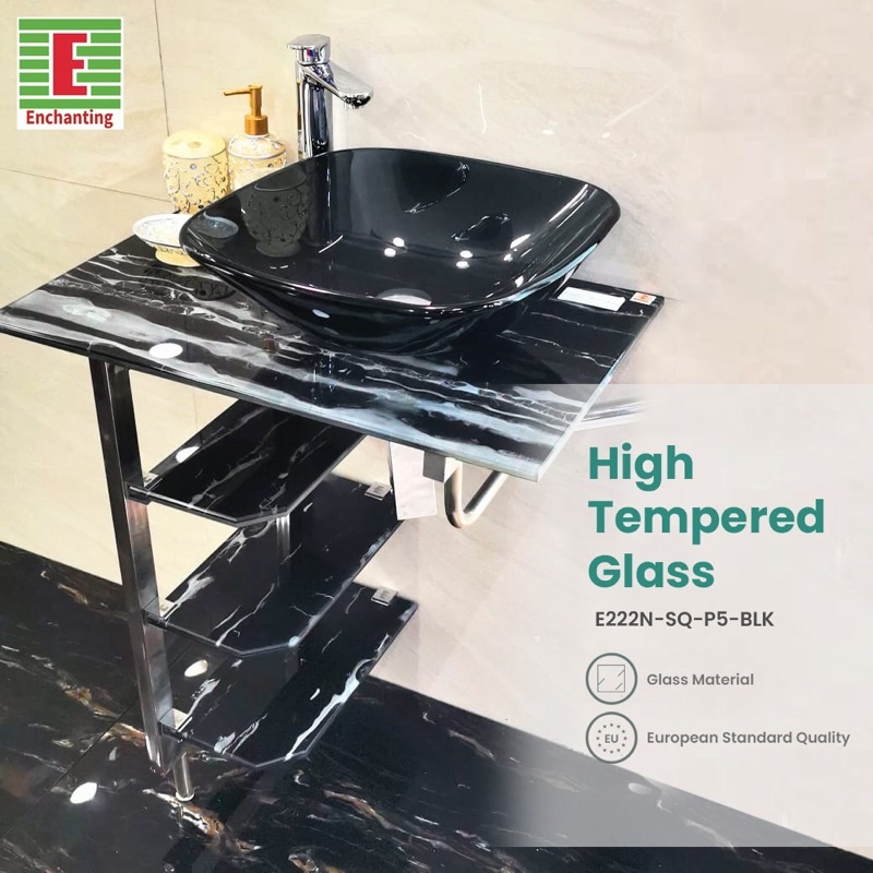Enchanting Wastafel Kaca High Tempered Glass E222N-SQ-P5-BLK
