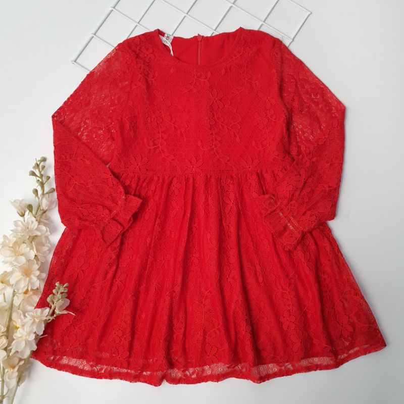 Dress Anak Brukat Merah Seoji 2-7 Tahun Laurakidshop