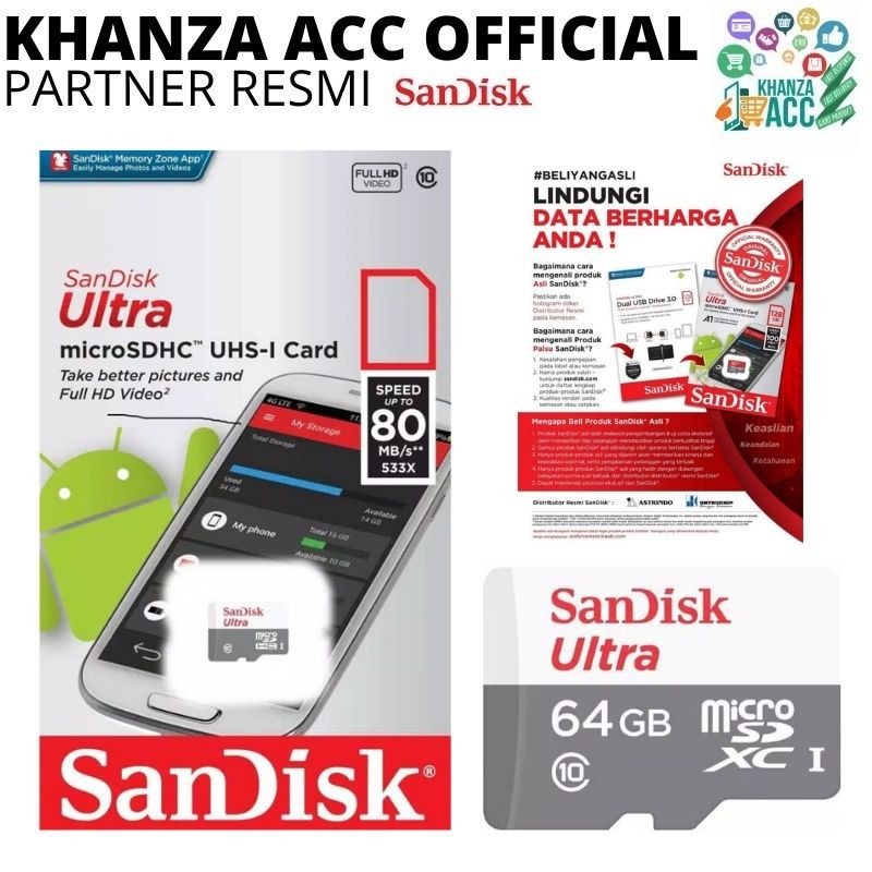 KHANZAACC SANDISK ULTRA 64GB CLASS 10 Kartu Memori Hp Micro SD Original Bergaransi Resmi