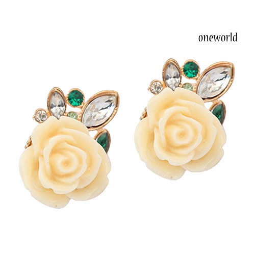 OW@ Women's Retro Elegant Rose Flower Rhinestone Inlaid Ear Studs Earrings Gift