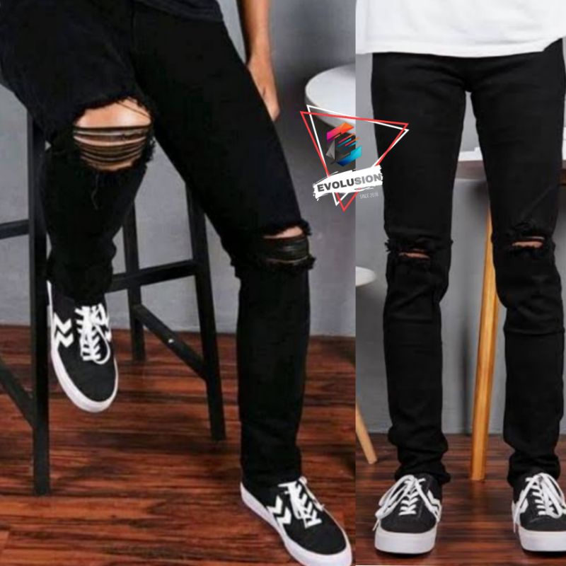 [COD] Celana jeans sobek lutut pria ripped jeans softjeans hitam murah melar