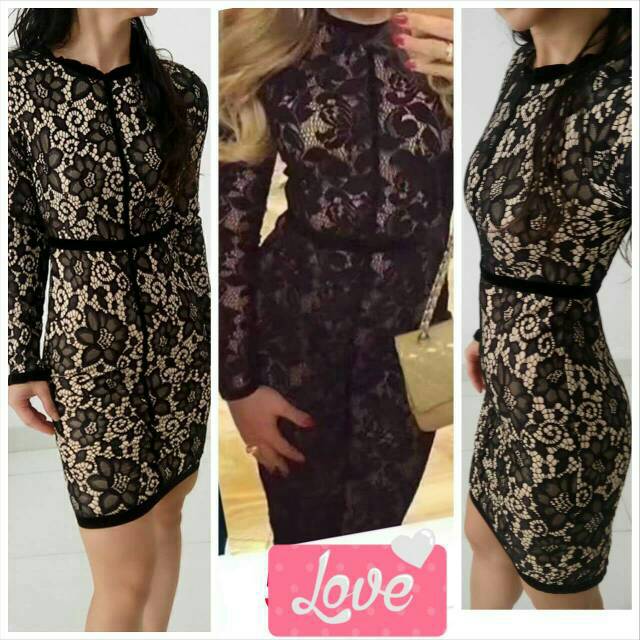 Dress pesta brokat bunga hitam lengan panjang (black velvet brocade flowers mini dress)