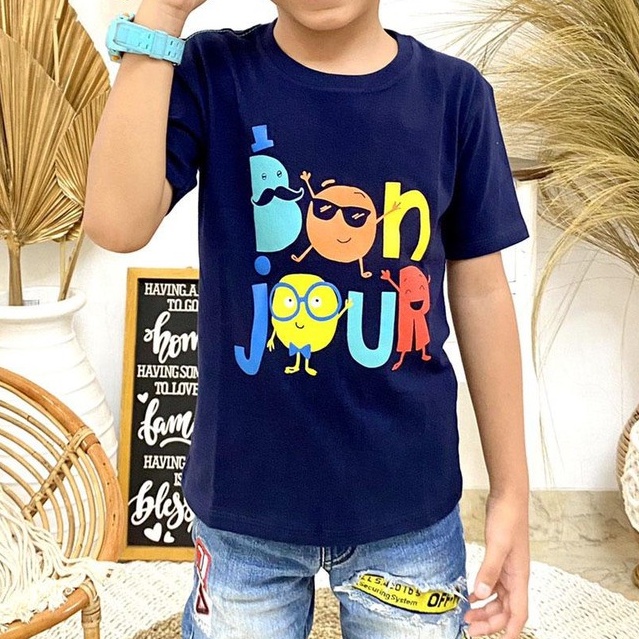 Size L Konveksi Ecer Baju Kaos Anak Unisex Oblong Bandung Laris BONJUR NAVY threepoint airane RGkids