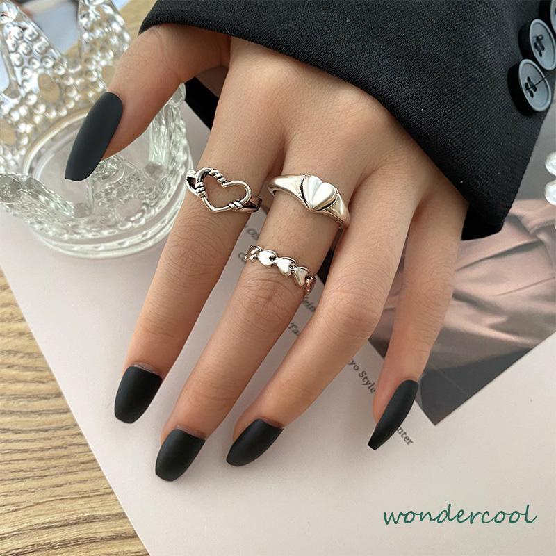 3pcs Cincin Model Terbuka Desain Gelombang Hati Warna Silver Gaya Vintage Untuk Wanita-Won