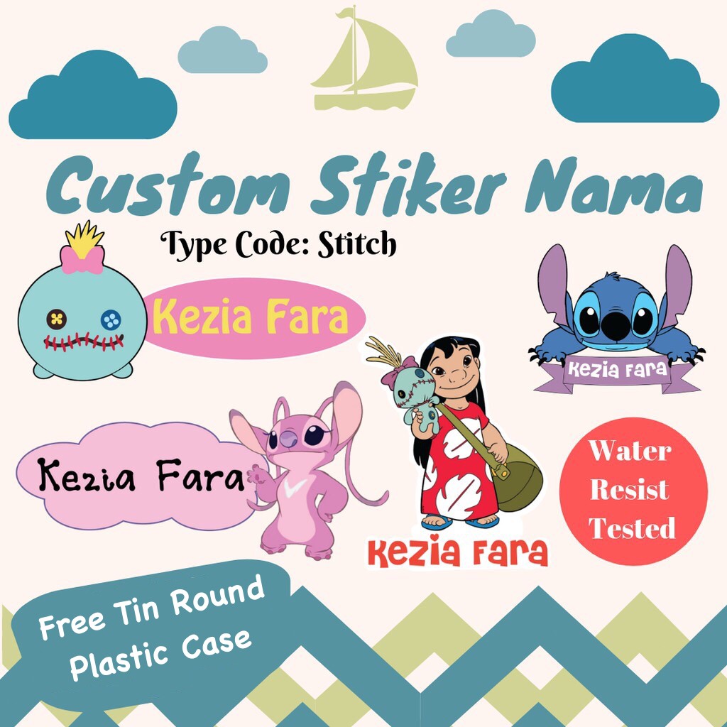 

CUSTOM STIKER NAMA ANTI AIR Variasi STITCH - Stiker Vinyl - Label Nama - Stiker Nama Anak