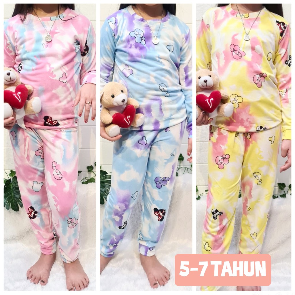 BAJU TIDUR ANAK PEREMPUAN USIA 5 6 7 8 TAHUN LENGAN PANJANG MOTIF TIE DYE