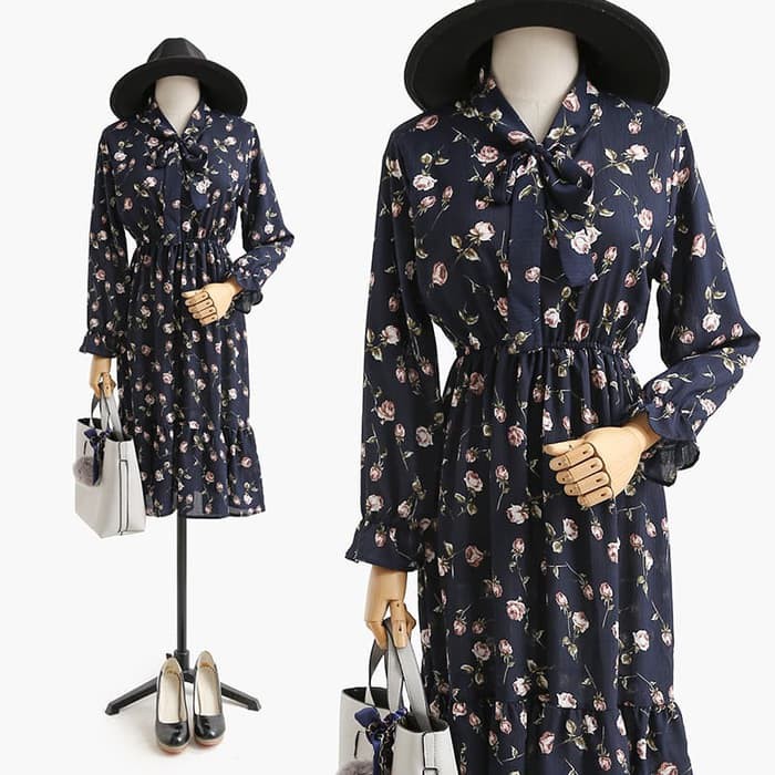 MIDI DRESS Midi Dress Lengan Panjang Muslim korea Floral Boho Bohemian Bangkok   IWAZAH OFFICE
