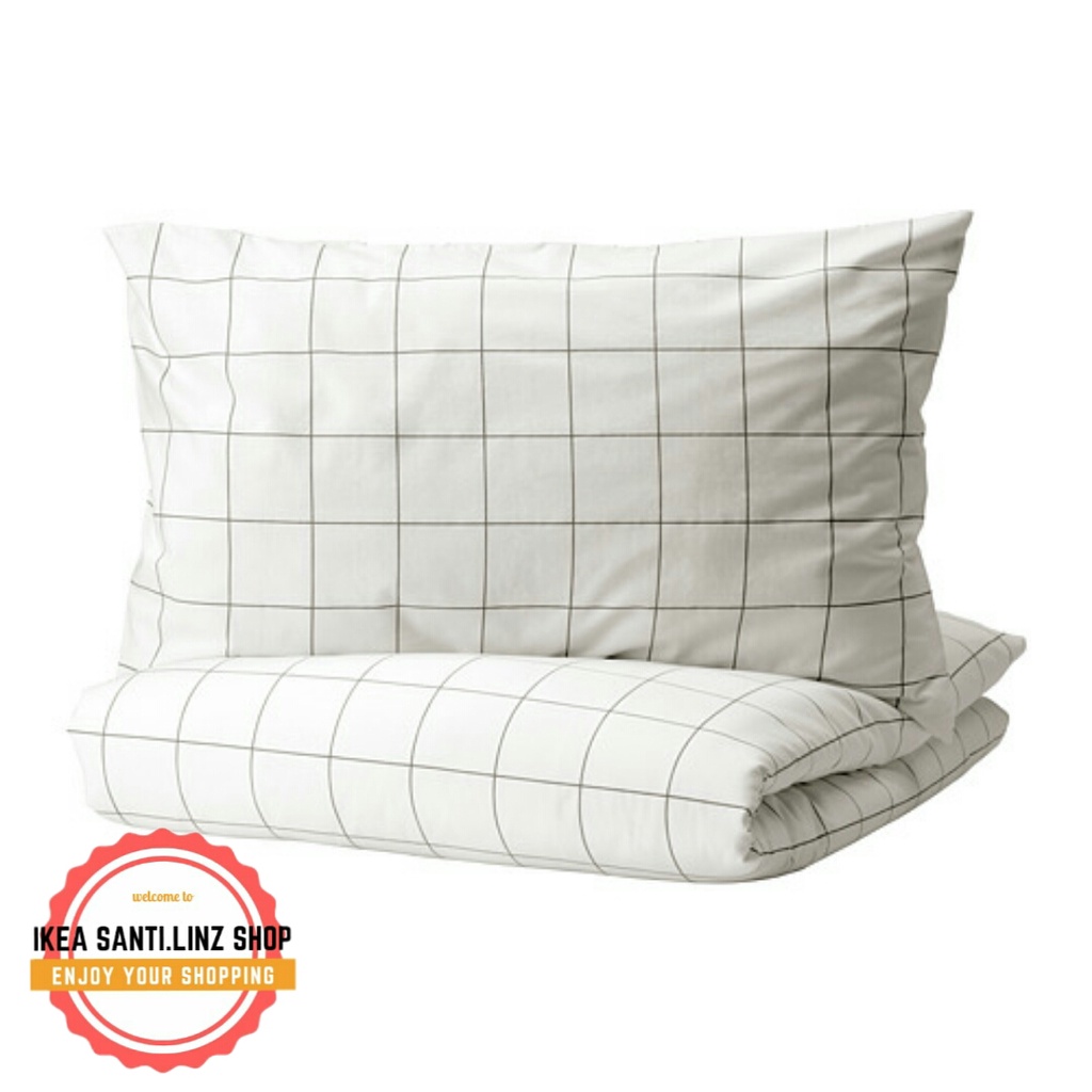 VITKLOVER Sarung duvet 150x200 cm dan sarung bantal putih hitam / biru motif