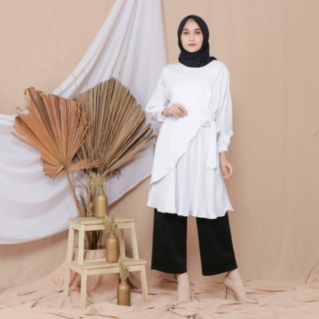TUNIC PLISKET CLEAR WHITE FIT TO L CANTIK REAL PICTURE