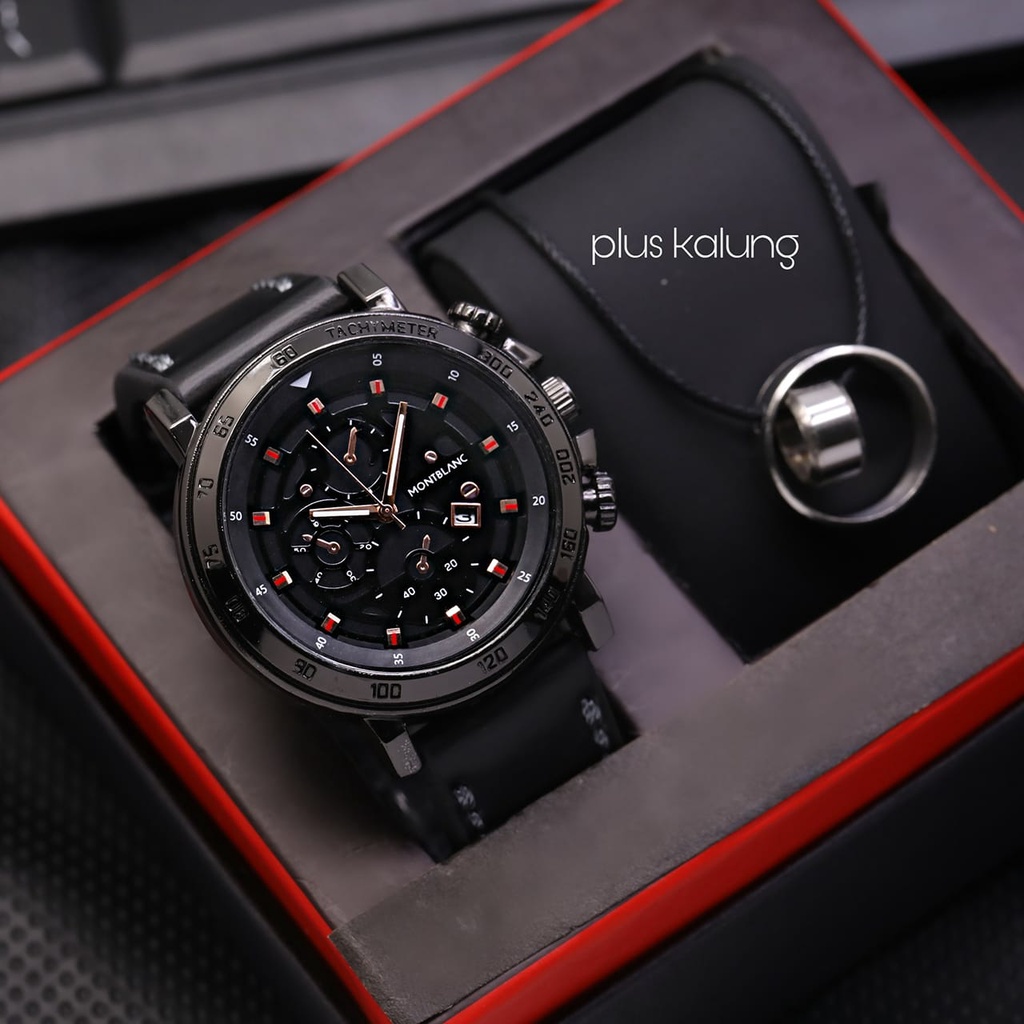 Best Seller  Jam Tangan Pria Montblanc / MB Strap Kulit LS859930 Tanggal Aktif Free Baterai , Kalung