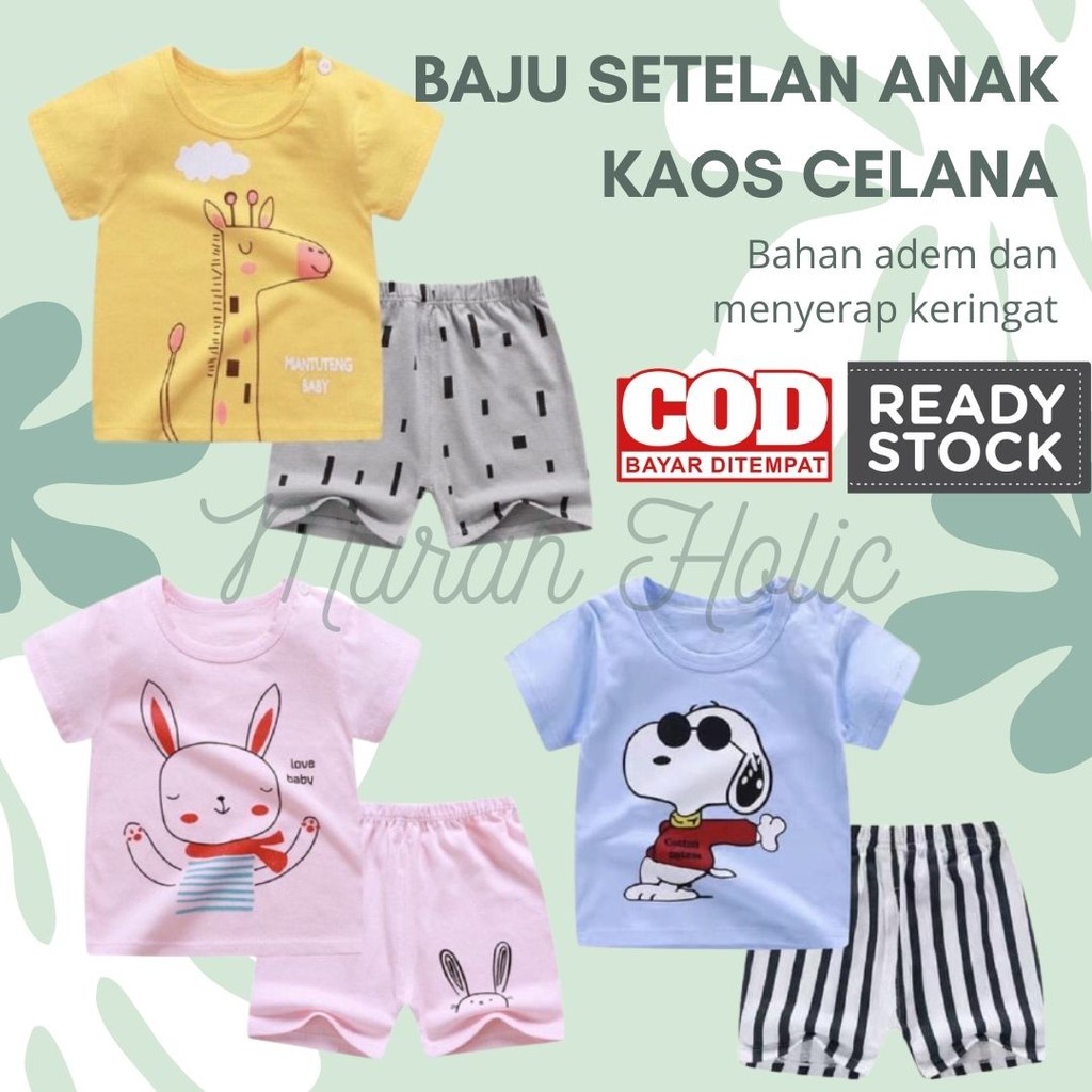 Setelan baju anak laki perempuan lengan tangan pendek celana pendek cowok cewek kaos celana murah