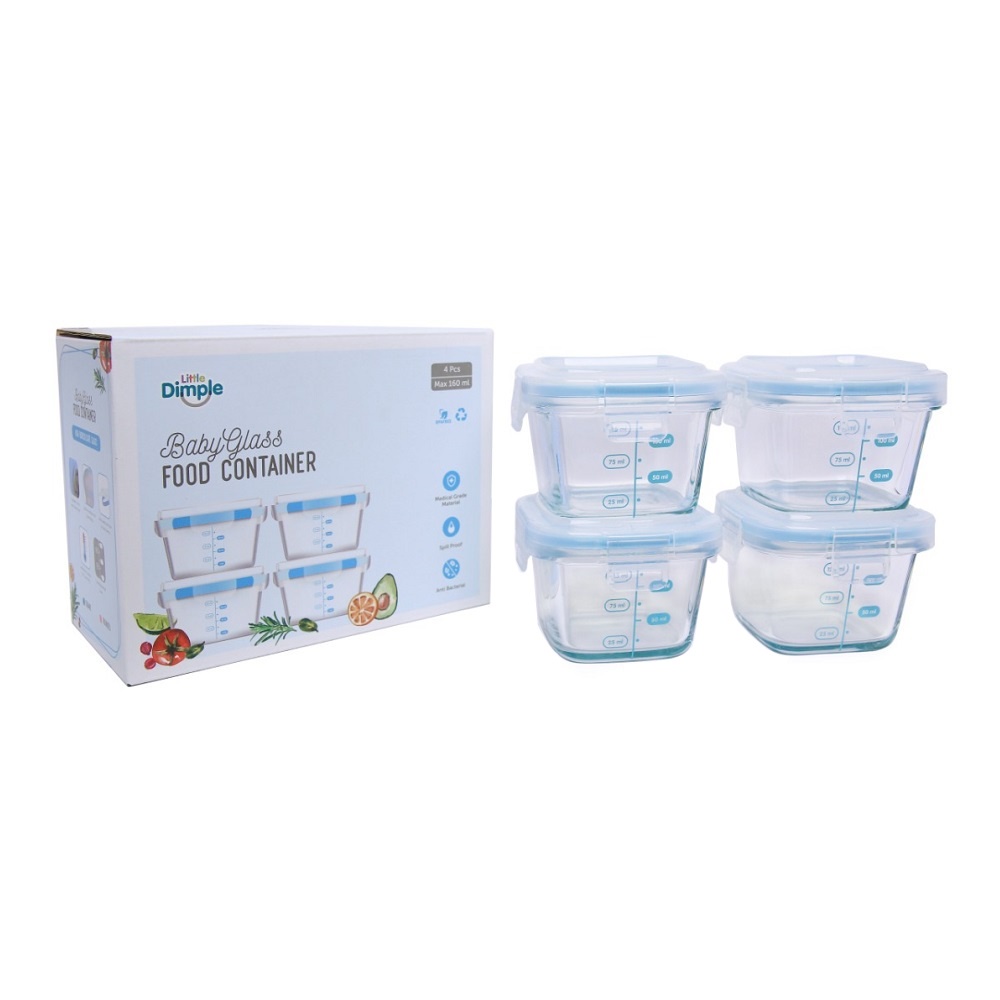 Little Dimple Glass Food Container Square 160ml Wadah Makanan Bayi