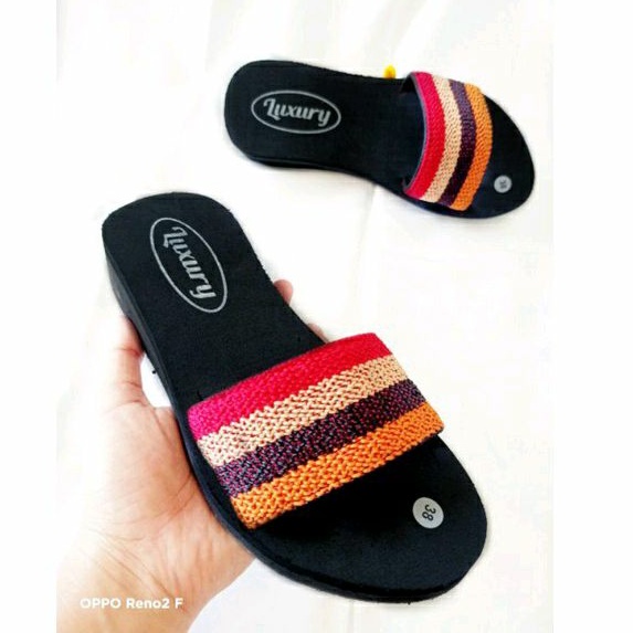 SANDAL SLOP WANITA - SANDAL WANITA TURKI  - SANDAL SLOP - SANDAL RAJUT TURKI SLOP - WEDGES TURKI SLOP (SLOP PELANGI)