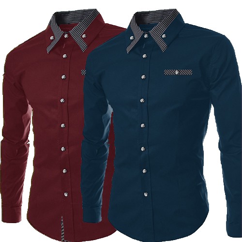 KEMEJA FORMAL COWOK ATASAN BAJU PRIA WARNA NAVY MAROON BAHAN KATUN TEBAL DINGIN ELEGAN IMPORT BAGUS