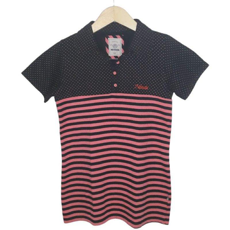 Kaos Preloved Kaos Kerah Nevada Wanita Motif Garis Warna Pink Hitam