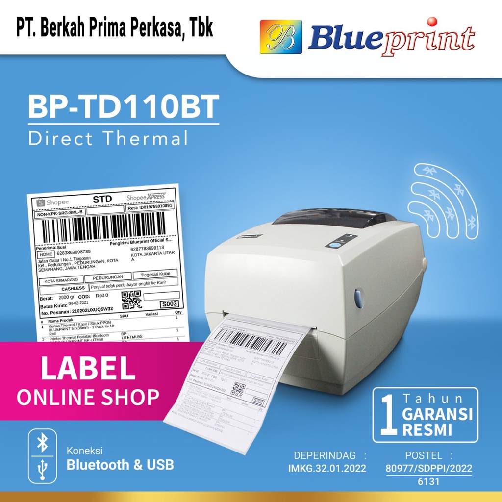 Printer Thermal Barcode Resi Bluetooth BLUEPRINT BP TD110BT BPTD110BT