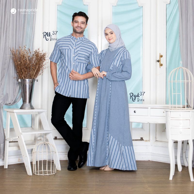 Gamis Couple Original RGD 37 Biru by Rauna|Gamis Couple Terbaru 2022|Koko Polos Mix Motif Stripe|Kok