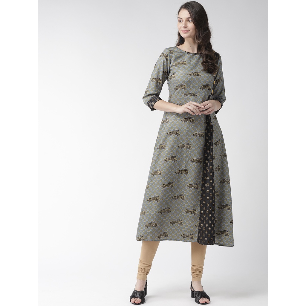 Kurti RANGMAYEE Size S XL Warna Grey & Beige dengan Celana Churidar / Baju Kurti India / Baju Anarka