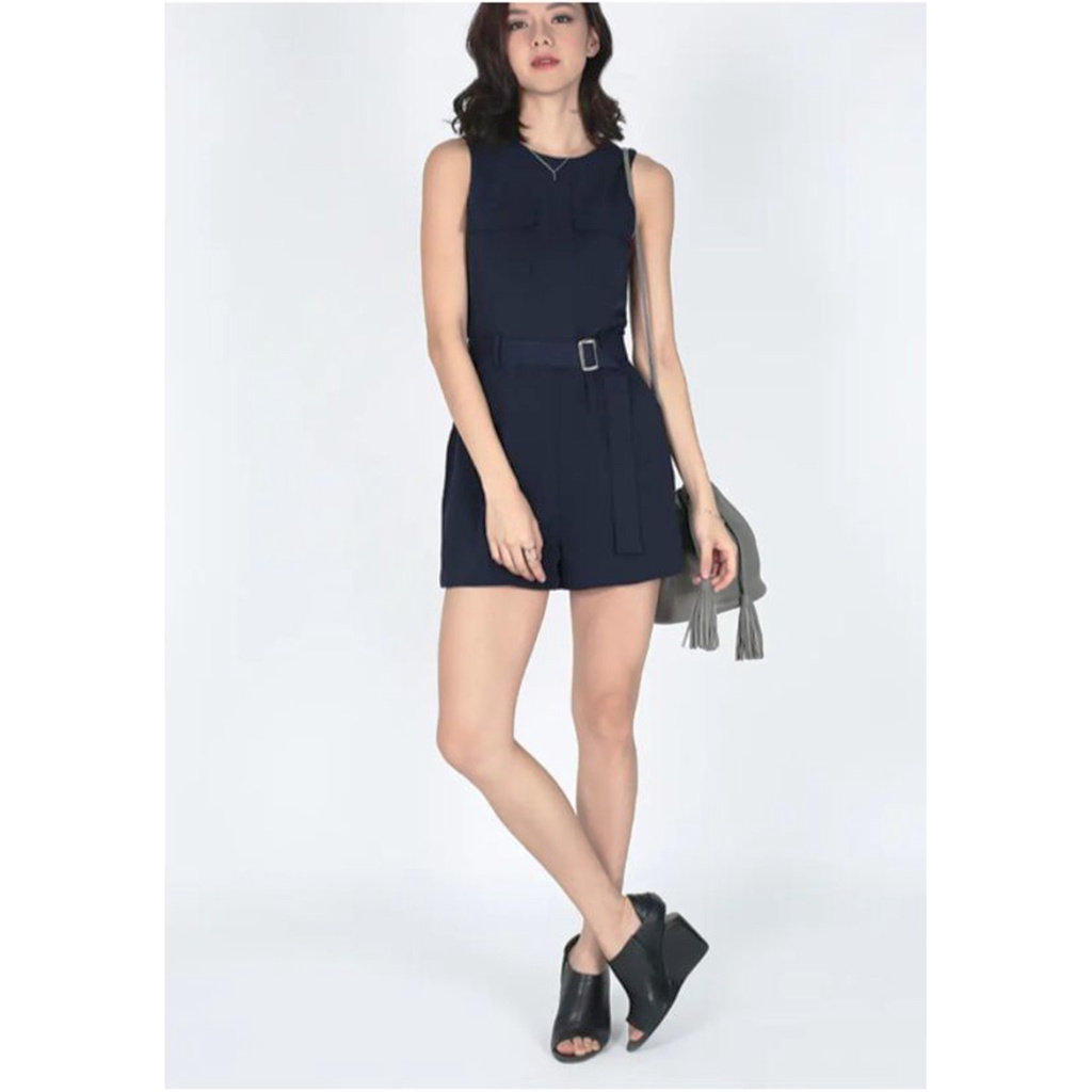 Love Bonito Rompers Jumpers Short Playsuit with Belt Navy Biru size S