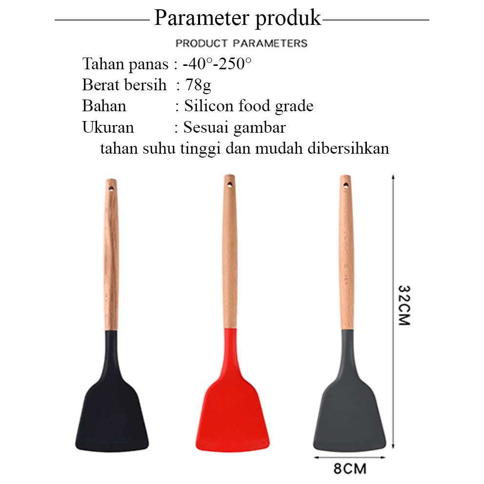 Sodet Silikon Gagang Kayu Tahan Panas Spatula Sutil Teflon Sendok