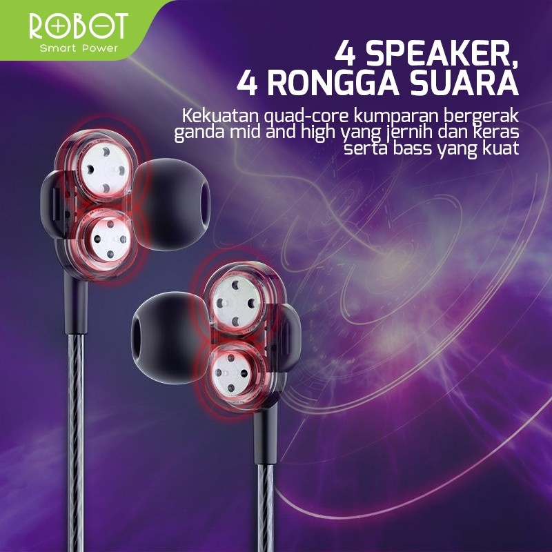 Headset Robot RE30 Wired Earphone Bass Android iPhone Original