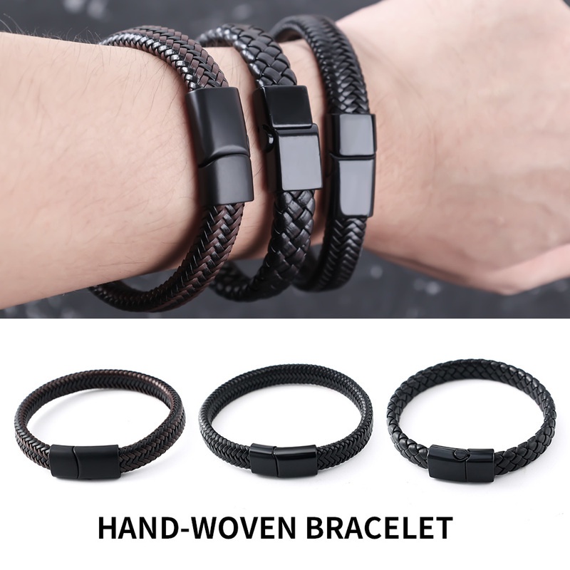 Gelang Tangan Bahan Kulit Warna Hitam Gaya Klasik Punk Rock Dengan Gesper Magnetik Untuk Pria