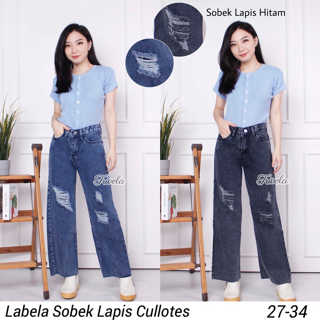 TRIVELA Kulot Jeans Lapis Hitam / Kulot Jeans Wanita Kekinian / Labela / Jeans Ala Korea