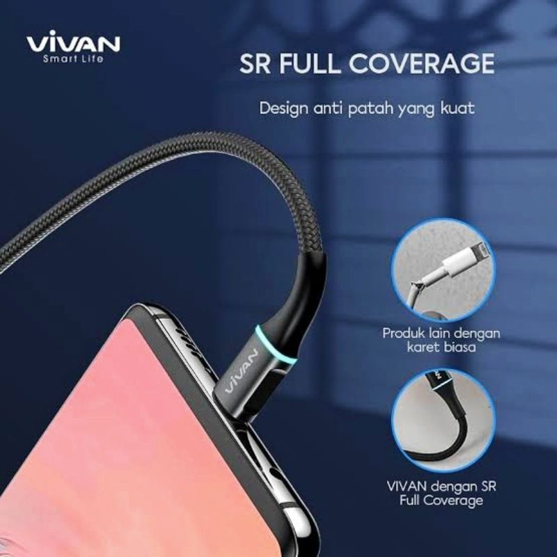 (VIVAN VD-M) Kabel Data Vivan Micro Usb &amp; Type C Quick Charge 2.4A Led Light Smart Protection Cable