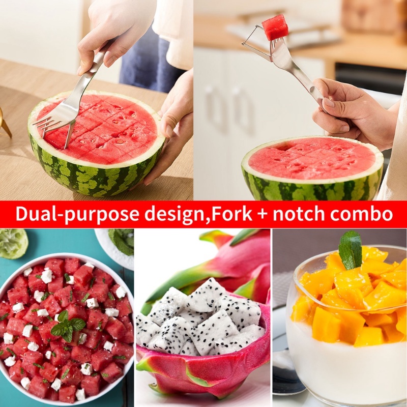 Garpu Buah Semangka 2 In 1 Multifungsi Bahan Stainless Steel Warna Emas Tahan Lama Untuk Dapur