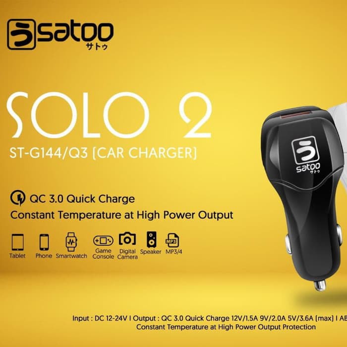 SATOO Charger Mobil / Charger Motor Matik / Car Charger solo 2 (Quick Charge 3.0 SOLO 2)