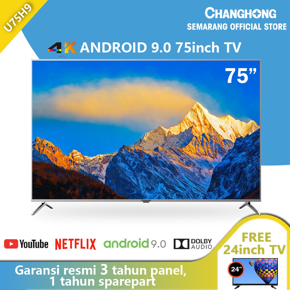 

Changhong 75Inch 4K TV Android 9.0 Smart TV UHD LED TV Semarang Tipe U75H9