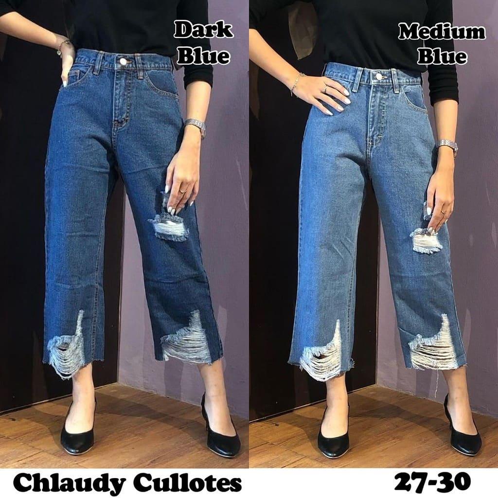 WFS88 Fashion Celana Jeans Kulot Wanita / Chlaudy Cullotes Jeans / Celana Panjang Jeans Sobek / Cela