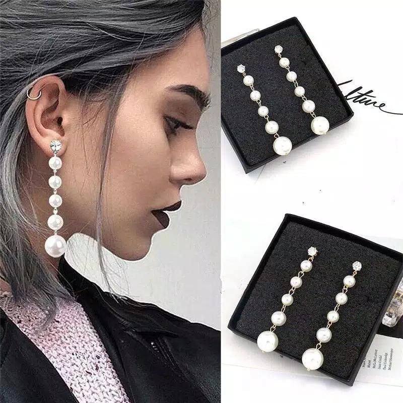 Anting Panjang Elegan Dengan Mutiara + Berlian Imitasi Untuk Wanita JB33