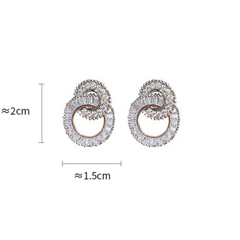 Anting Bulat Ganda Warna Silver Aksen Berlian Untuk Aksesoris Wanita