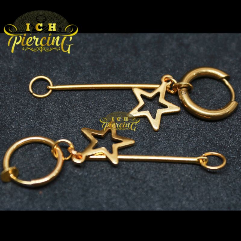 anting Hoop batang bintang ring gold / anting titanium warna gold / anting tindik dan jepit warna gold / ICH PIERCING