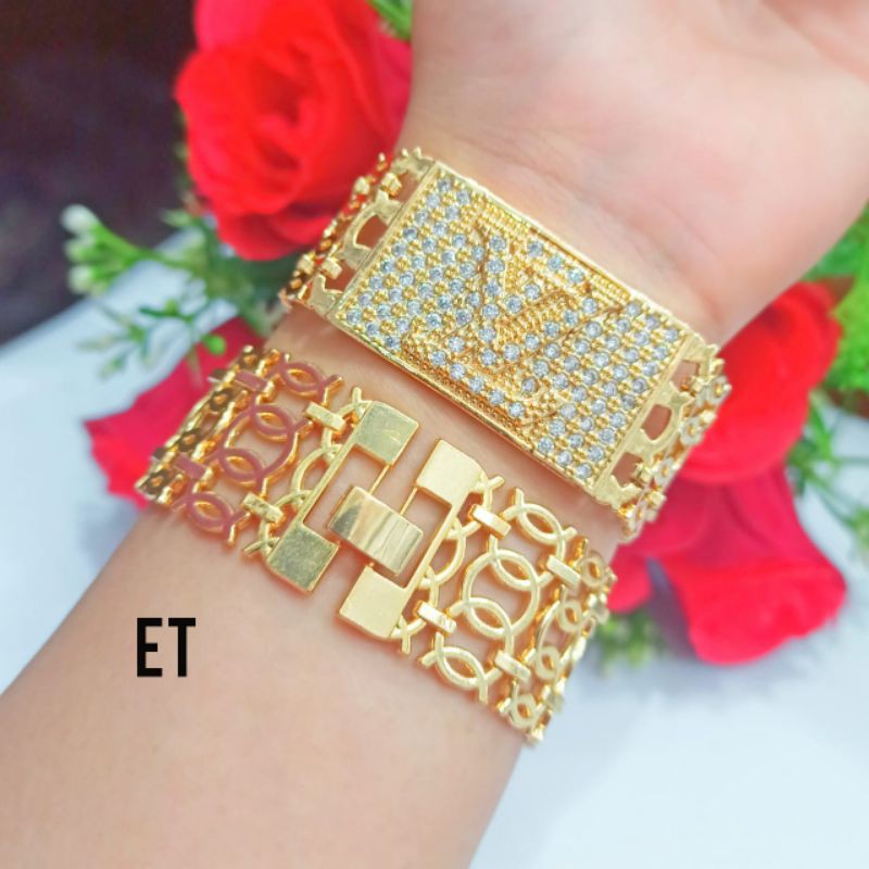 NEW!!! GELANG TANGAN TITANIUM WANITA FLAT JUMBO MOTIF PILIHAN LAPIS EMAS 22 K