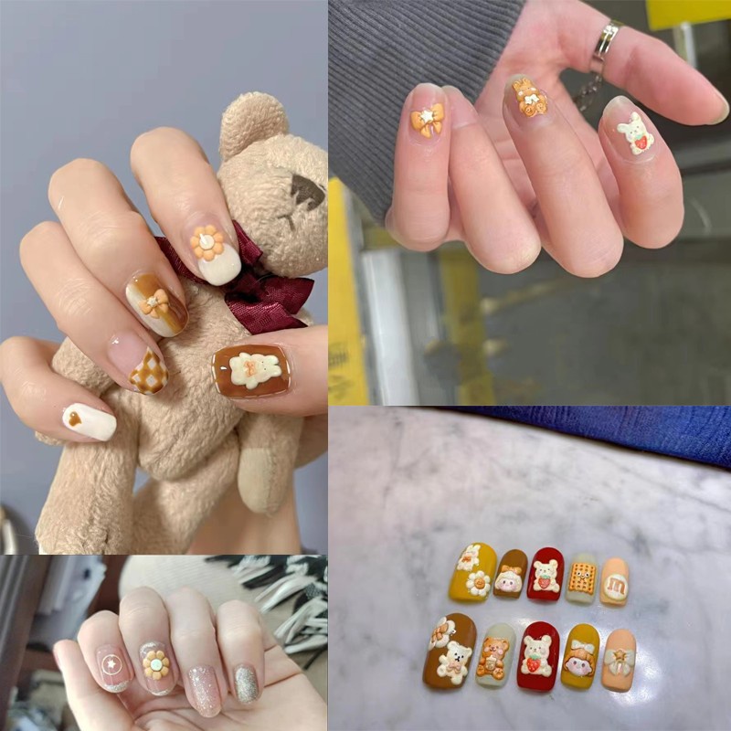 1 Lembar / Pak Stiker Kuku Motif Kartun Beruang / Kelinci Transfer Air Untuk Dekorasi Nail Art / Manicure DIY