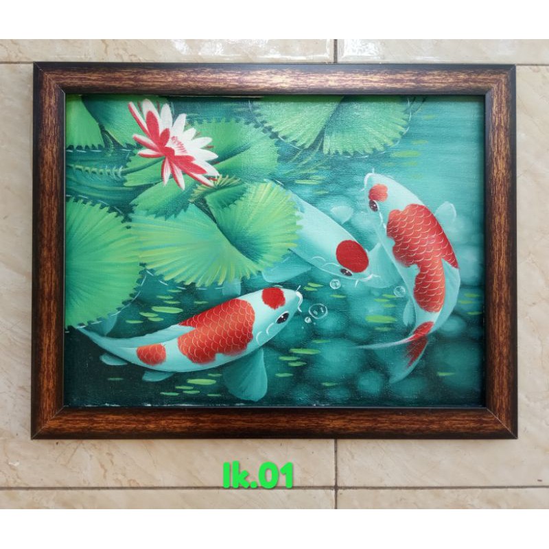 Lukisan ikan koi + bingkai pigura (ukuran 30 cm x 40 cm)